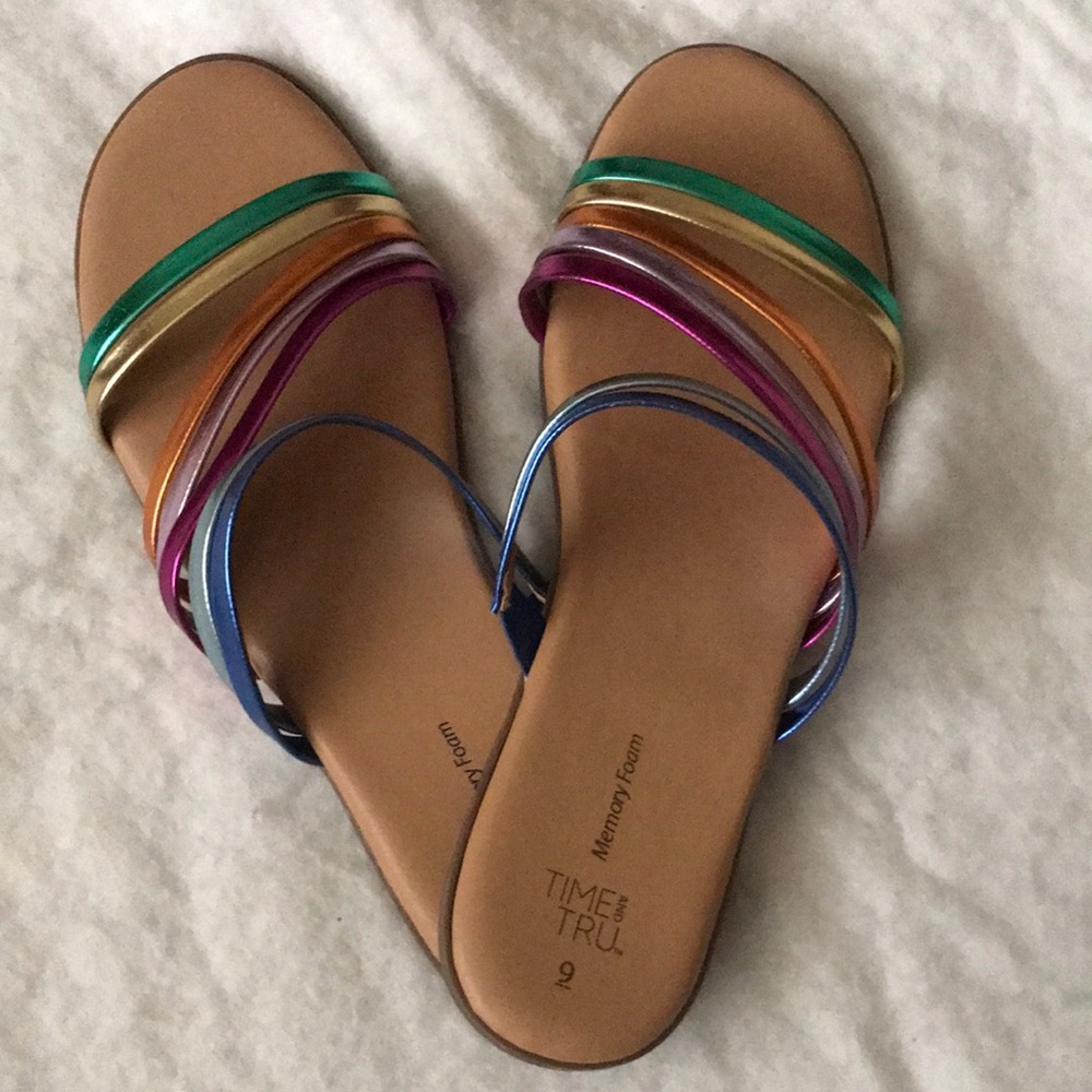 Time and Tru Green and Pink Sandals with Minimalist Design